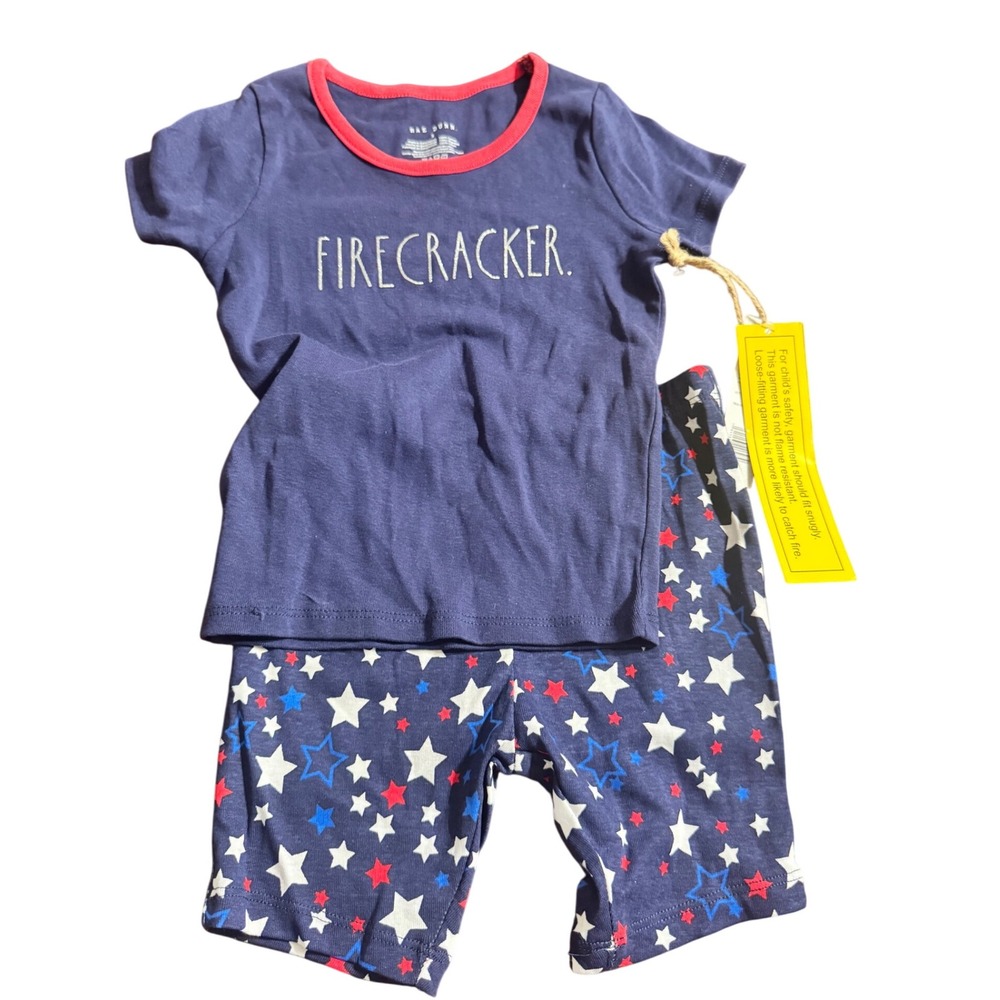 Rae Dunn Kids Firecracker Patriotic Stars Pajama Set Size 5 Blue Red White